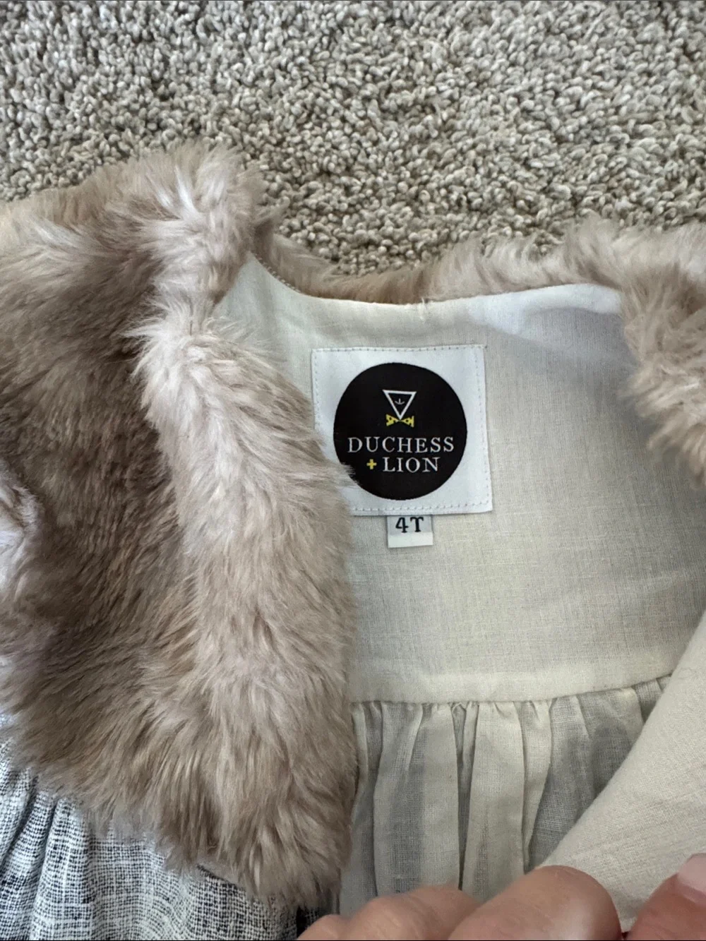 Girls Gray Tweed Dress with Faux Fur Collar